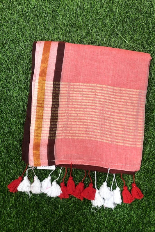 Peach and Brown Pure Mulcotton Saree120 count