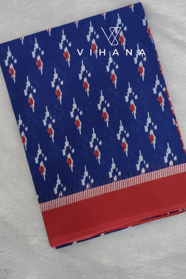 Classic Blue with Traditional Floral Printed Mulmul Cotton Saree