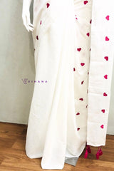 Pure Mul Cotton White Elegance with Sweet Pink Heart Embroidery
