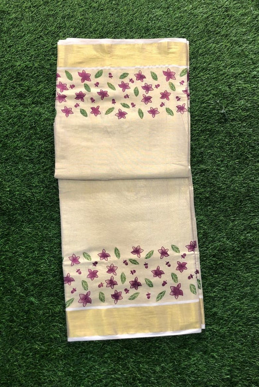 Kerala Golden Tissue Set Saree with Violet Floral Motifs