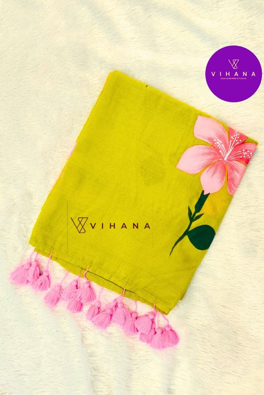 Lime Green Mul Mul Cotton Saree with Pink Floral Designs