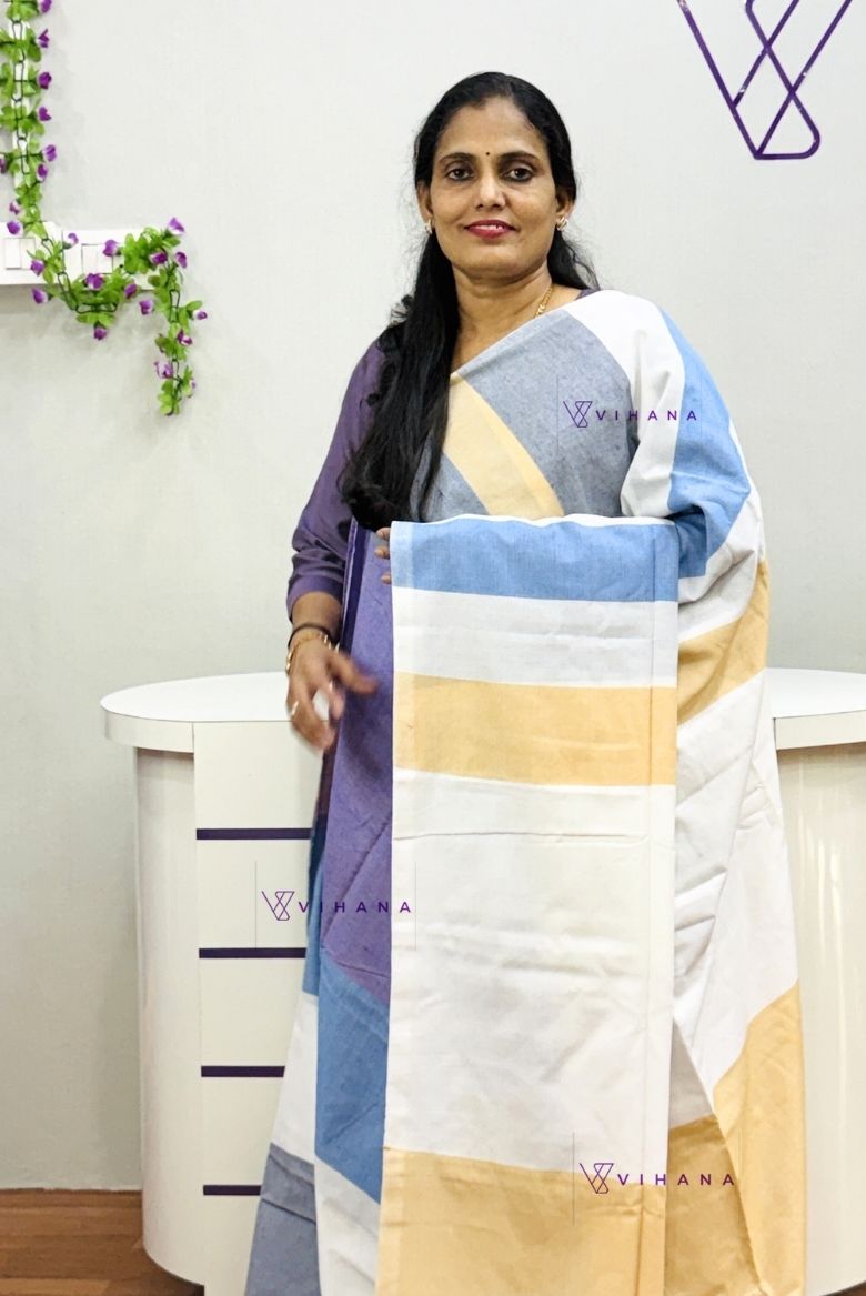 Subtle Grey with Multicolor Stripes Premium Cotton Saree