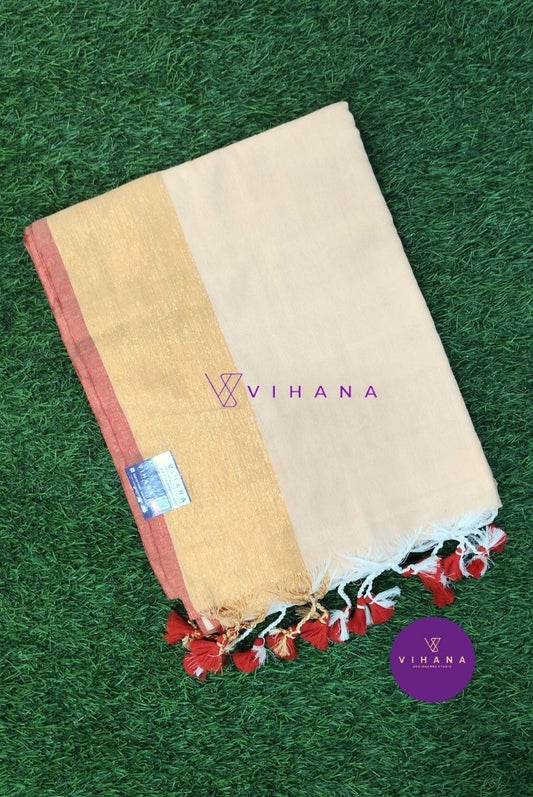 Cream Mul Cotton Saree with Contasting Golden and Red Borders