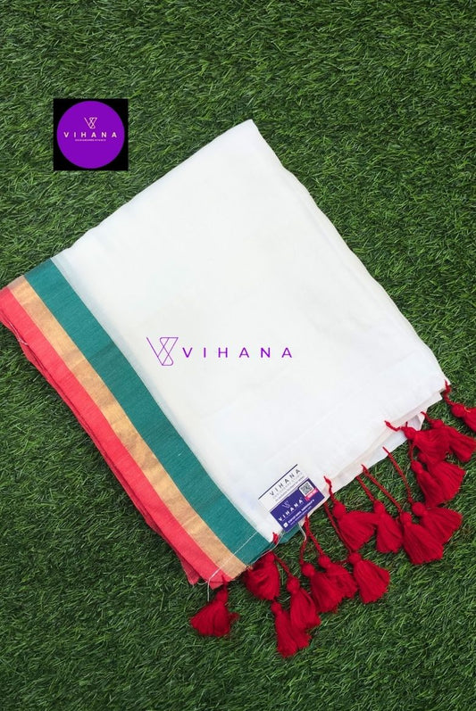 White Mul Cotton Saree with Teal and Gold Border
