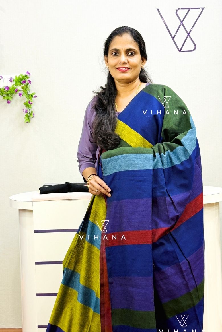 Green with Multicolor Stripes Premium Cotton Saree