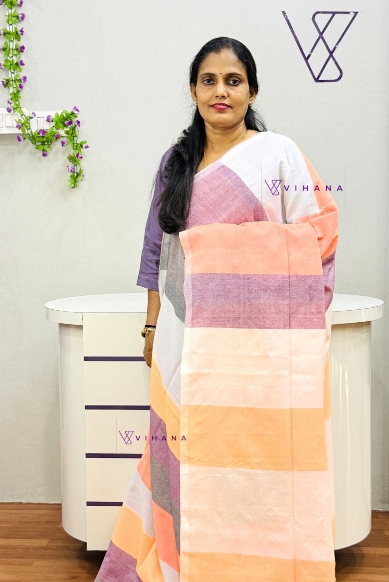 Orange with Multicolor Stripes Premium Cotton Saree