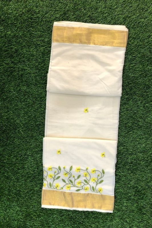 Traditional Kerala Cotton Set Saree- Kanikonna Floral Embroidery