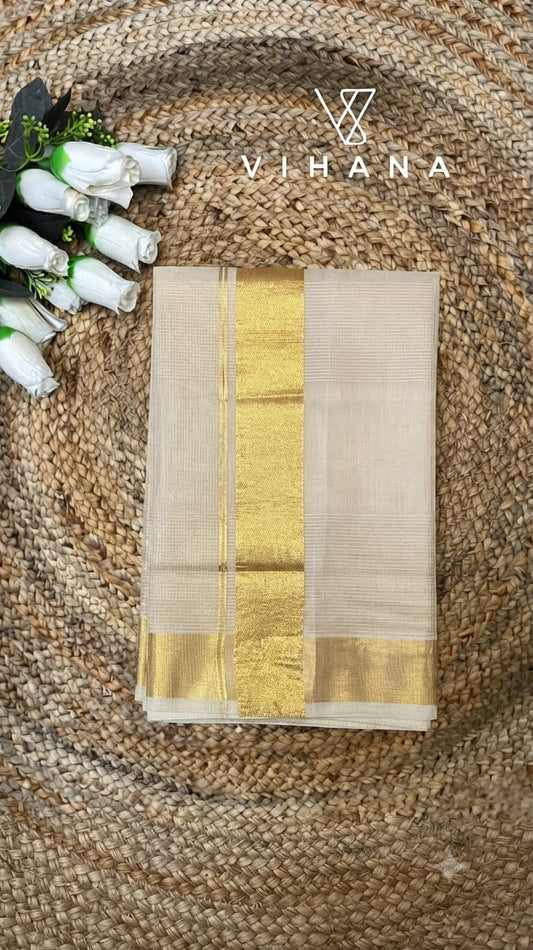 Kerala Tissue & Set Saree Golden Checked-VS509