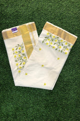 Traditional Kerala Cotton Set Saree- Kanikonna Floral Embroidery