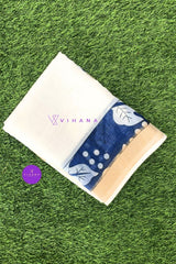 Pure White Linen Cotton Saree with Contrasting Blue Floral Design Border