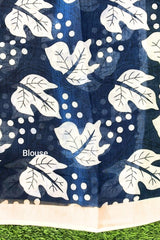 Pure White Linen Cotton Saree with Contrasting Blue Floral Design Border