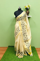 Kerala Golden Tissue Set Saree with Black Floral Motifs