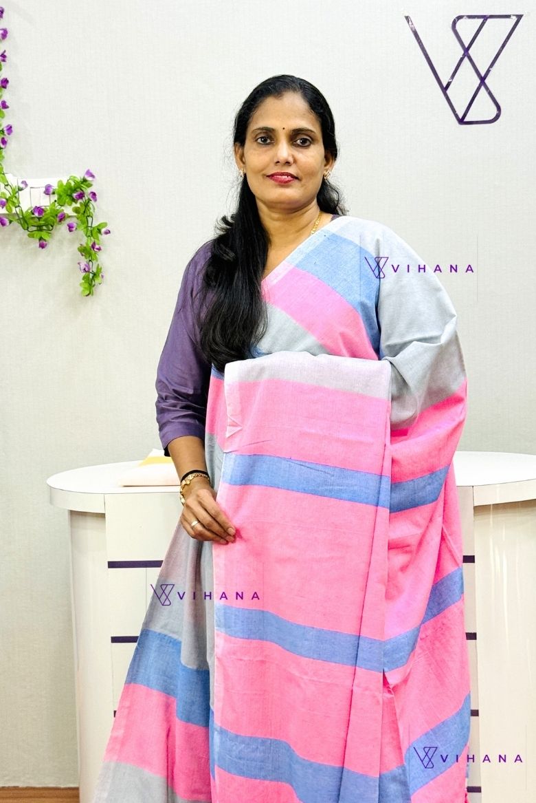 Soft Pink with Multicolor Stripes Premium Cotton Saree