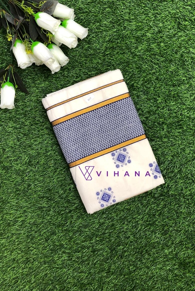 Kerala Cotton Set Saree With Blue Geometric Print