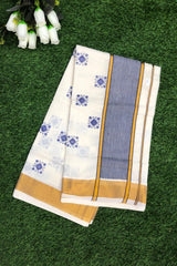 Kerala Cotton Set Saree With Blue Geometric Print