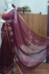 Magenta Linen Cotton Jamdhani Weave Saree