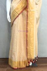 Cream Mul Cotton Saree with Contasting Golden and Red Borders
