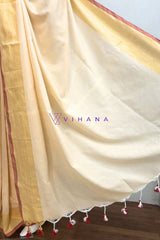 Cream Mul Cotton Saree with Contasting Golden and Red Borders