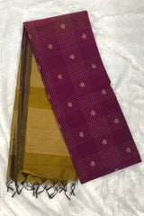 Wine Purple with Mustard Gold Contrast Pallu Premium Pure Handloom Cotton Saree