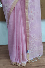 Light Pink Linen Cotton Jamdhani Floral Weave Sareee
