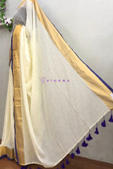 Off white Mul Cotton Saree with Purple and Golden Zari Border