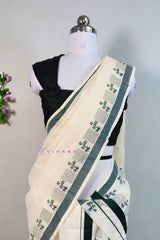 Kerala Cotton Set Mundu with Bottle Green Kara