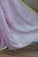 Light Pink Linen Cotton Jamdhani Floral Weave Sareee