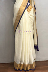 Off white Mul Cotton Saree with Purple and Golden Zari Border