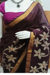 Wine Linen Cotton Jamdhani Weave Saree