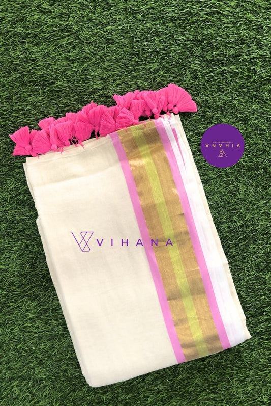 Off white Mul Cotton Saree with Pink and Golden Zari Stripe Borders