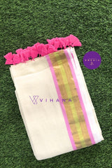 Off white Mul Cotton Saree with Pink and Golden Zari Stripe Borders
