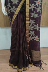 Wine Linen Cotton Jamdhani Weave Saree