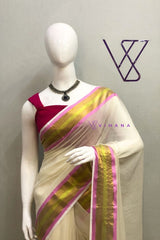 Off white Mul Cotton Saree with Pink and Golden Zari Stripe Borders