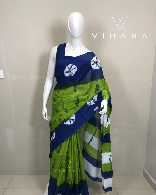 Mul Mul Cotton Saree Parrot Green Color & White Blouse