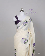 Kerala Saree Violet Color Lotus Print-VS365