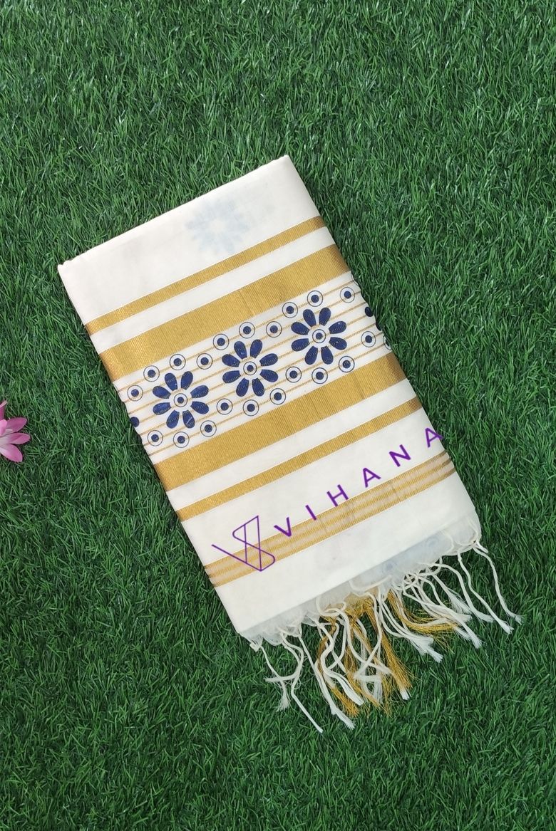 Elegant Off-White Cotton Set Saree with Golden Zari Border and Blue Floral Prints