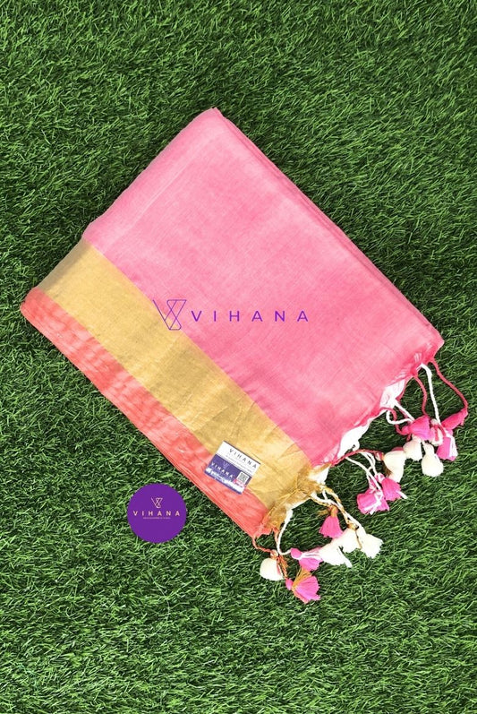 Off White And Pink Mul Cotton Saree