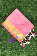 Off White And Pink Mul Cotton Saree