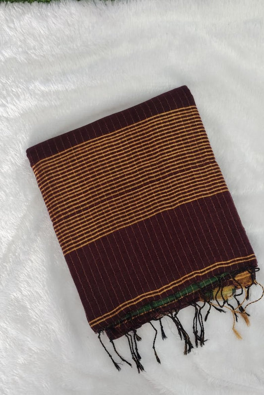 Wine Linen Cotton Jamdhani Weave Saree