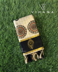 Rust Black & Golden Kasavu Border Kerala Tissue Set Saree with Blouse-VS375