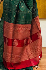 Emerald Green with Rich Red/Maroon Contrast Pallu Premium Pure Handloom Cotton Saree