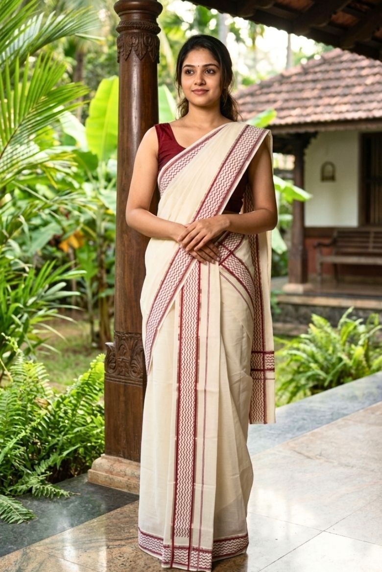 Kerala Cotton Set Mundu with Wave Pattern