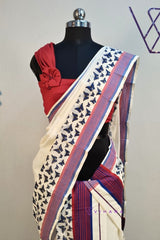 Traditional Kerala Attire Along Blue and Red Stripes with Butterfly Print Borders