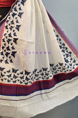 Traditional Kerala Attire Along Blue and Red Stripes with Butterfly Print Borders