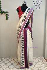Traditional Kerala Attire Along Blue and Red Stripes with Butterfly Print Borders