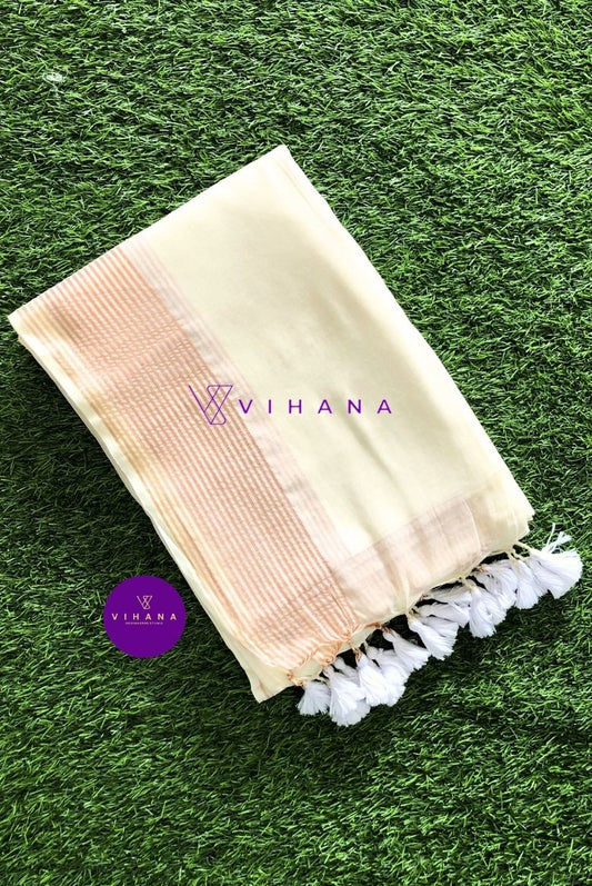 Cream Mul cotton Saree with Copper zari Stripes Border Design
