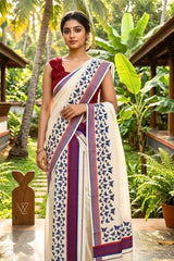Traditional Kerala Attire Along Blue and Red Stripes with Butterfly Print Borders