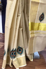 Traditional Kerala Golden Tissue SetSaree with Peacock Feather Prints