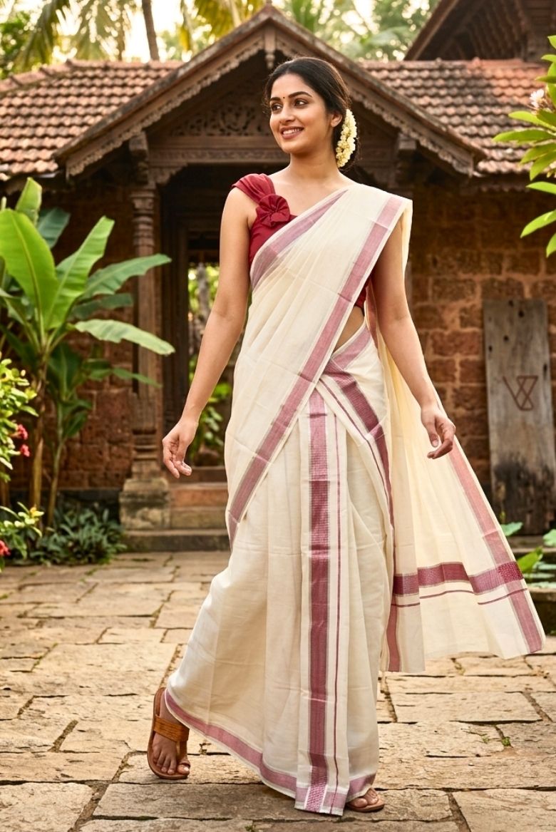 Premium Quality Handloom Kerala Cotton Set Mundu with Maroon and Silver Stripes Border