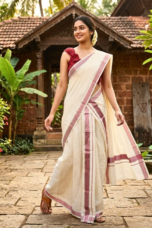 Premium Quality Handloom Kerala Cotton Set Mundu with Maroon and Silver Stripes Border